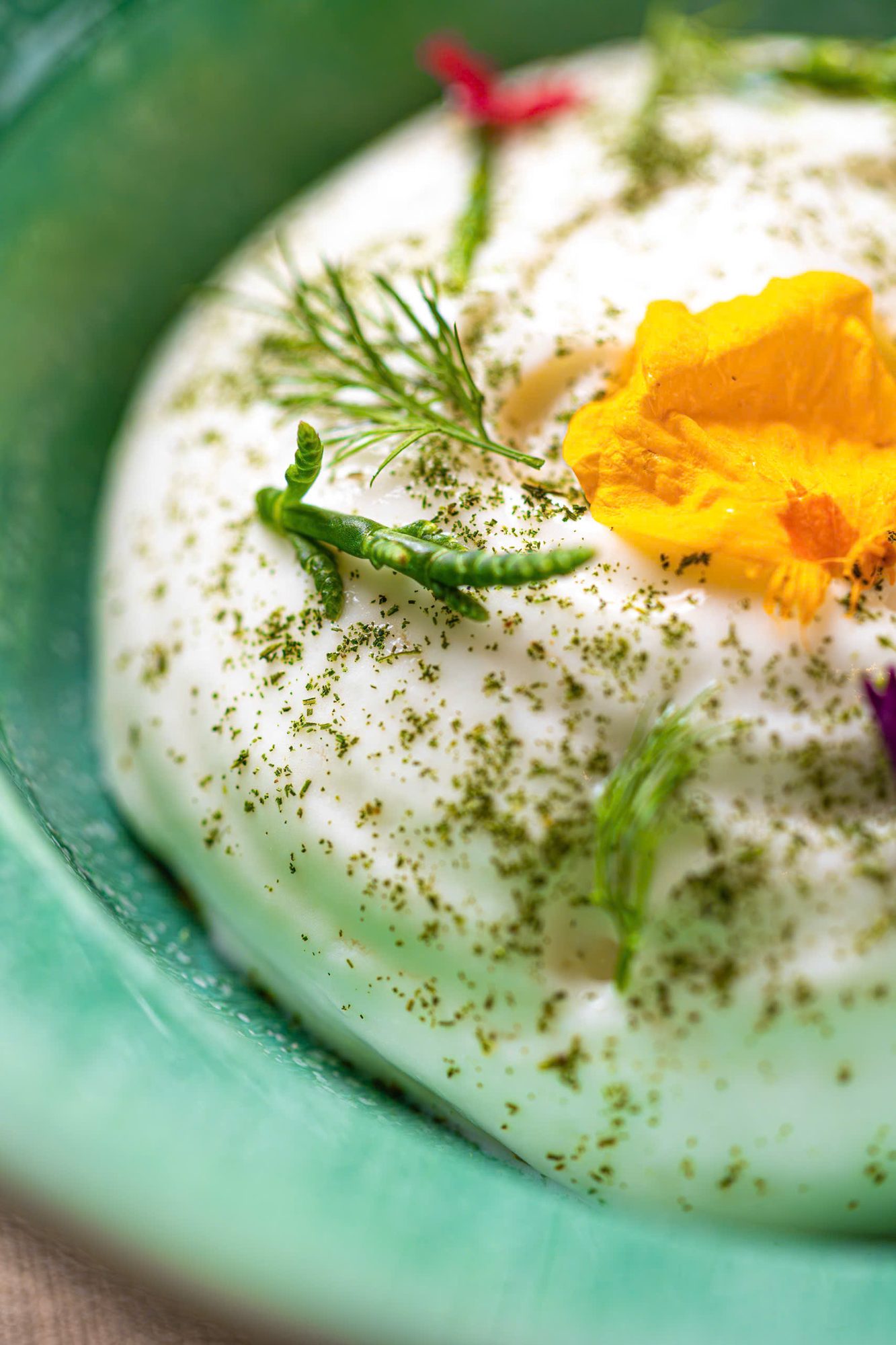 Close-up dessert with herbs and flowers