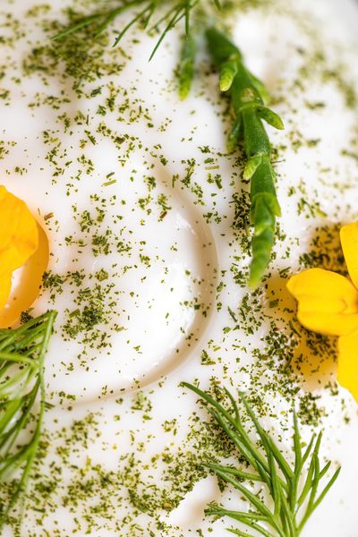 Close-up of herbs and flowers on a dish